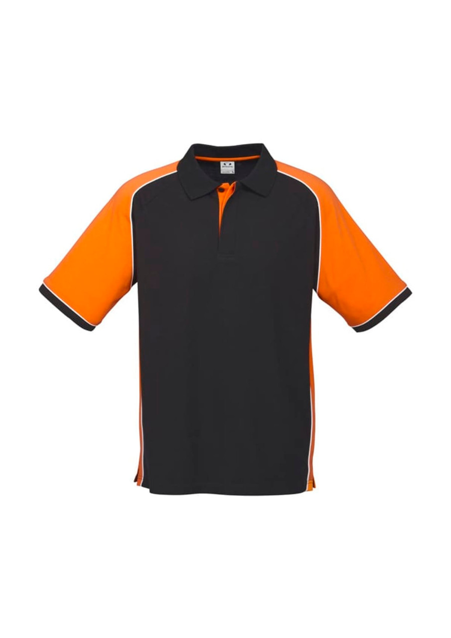 A black and orange short sleeve polo shirt featuring a logo and contrasting trim.