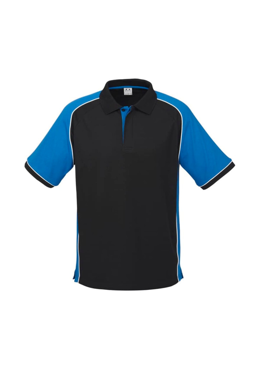 A black and blue short sleeve polo shirt featuring a contrasting design and a collar. It has a logo on the chest.