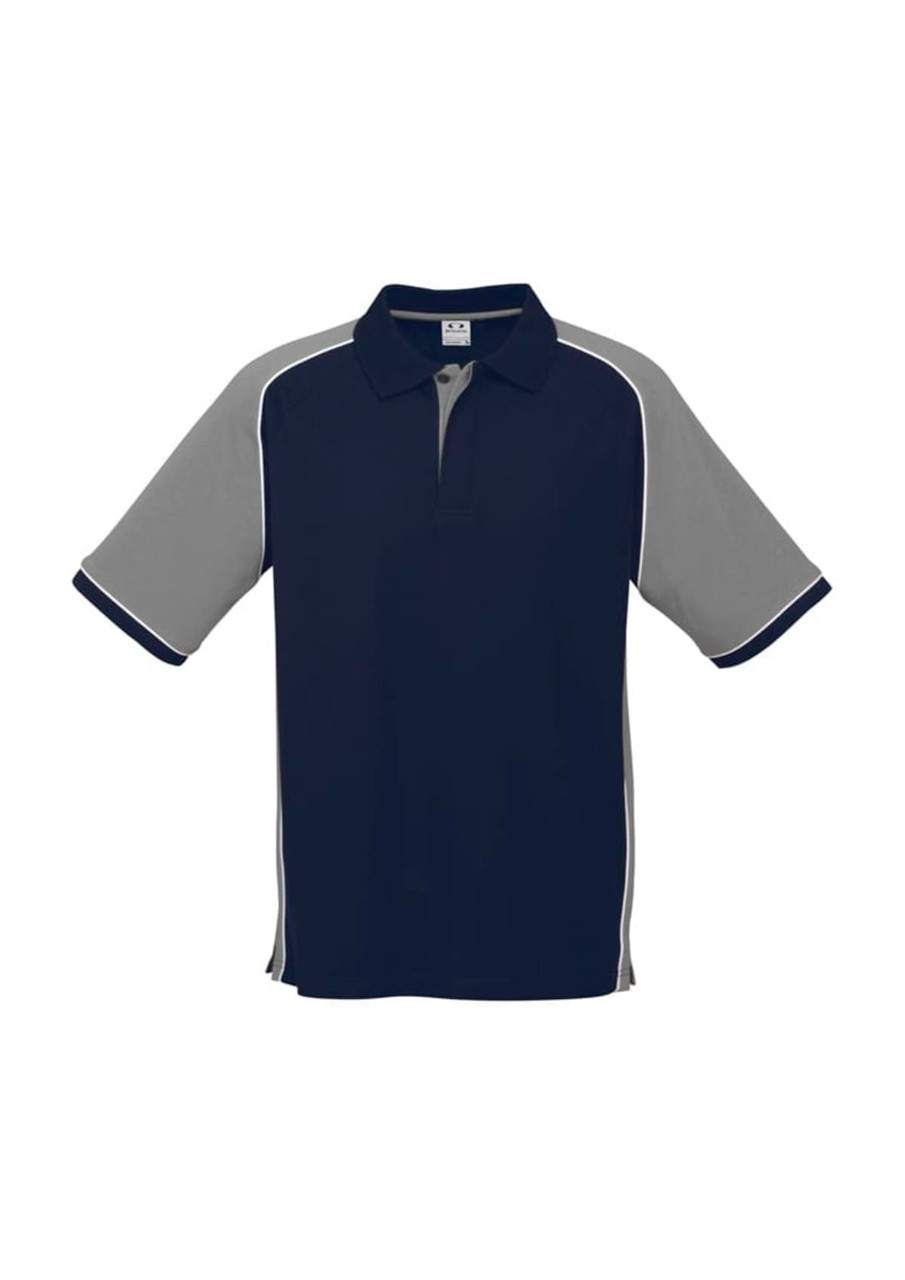 A navy and grey short sleeve polo shirt featuring contrast detailing and a collar, with a logo on the chest.