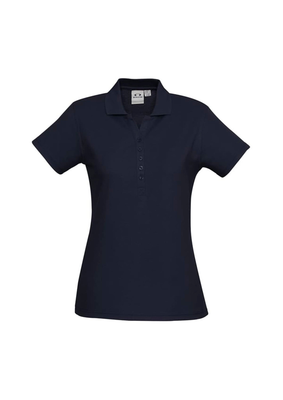 A navy blue ladies' polo shirt with a collar and button placket, featuring a logo.