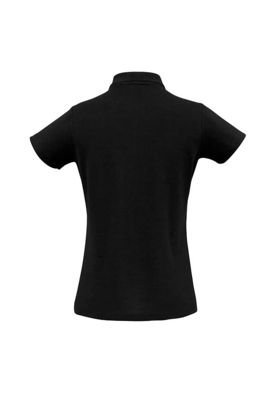 A black polo shirt for ladies featuring a classic design and a collar, with a logo on the front.