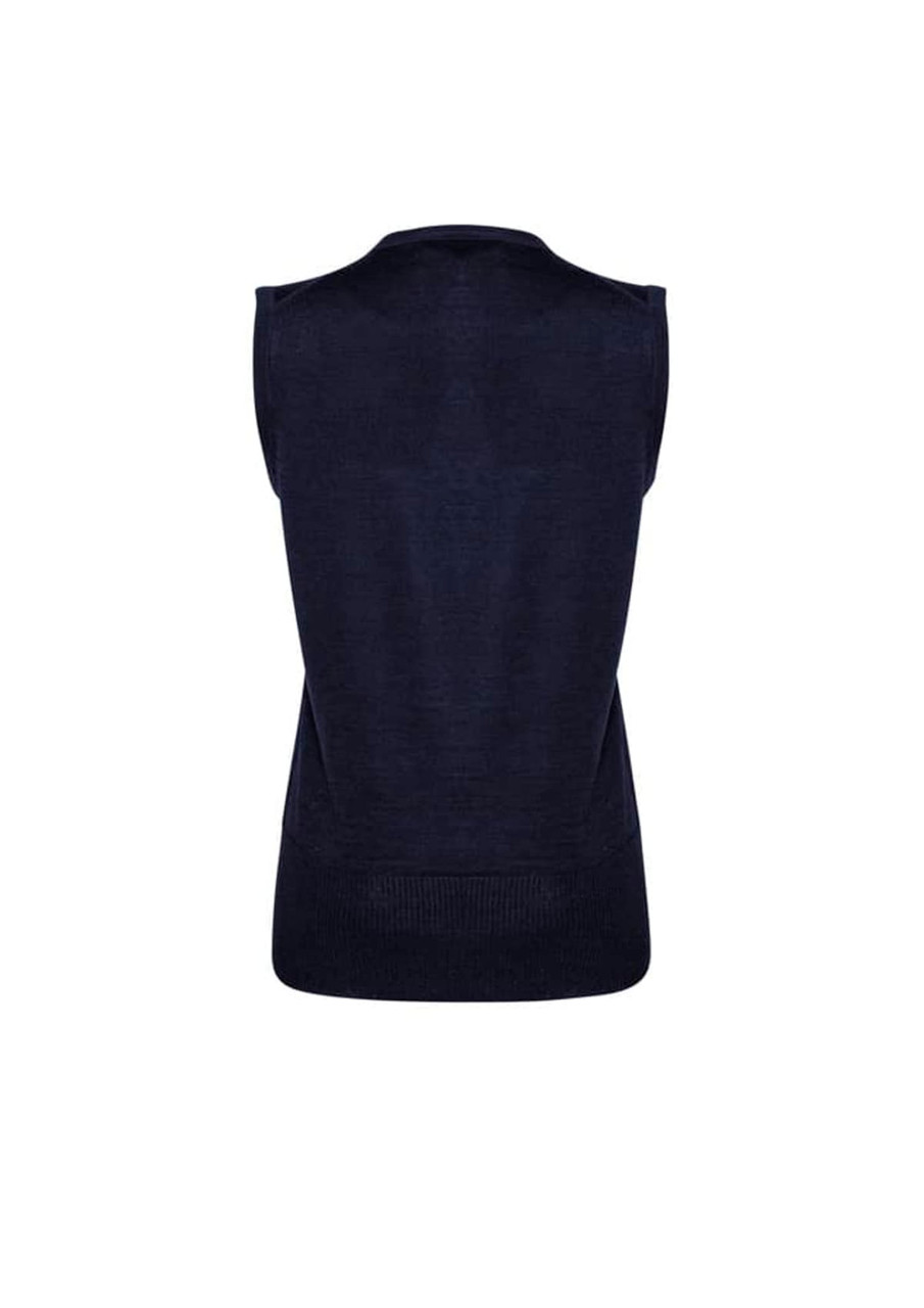 A navy women's vest with a sleeveless design and ribbed detail at the hem, featuring a branding logo.