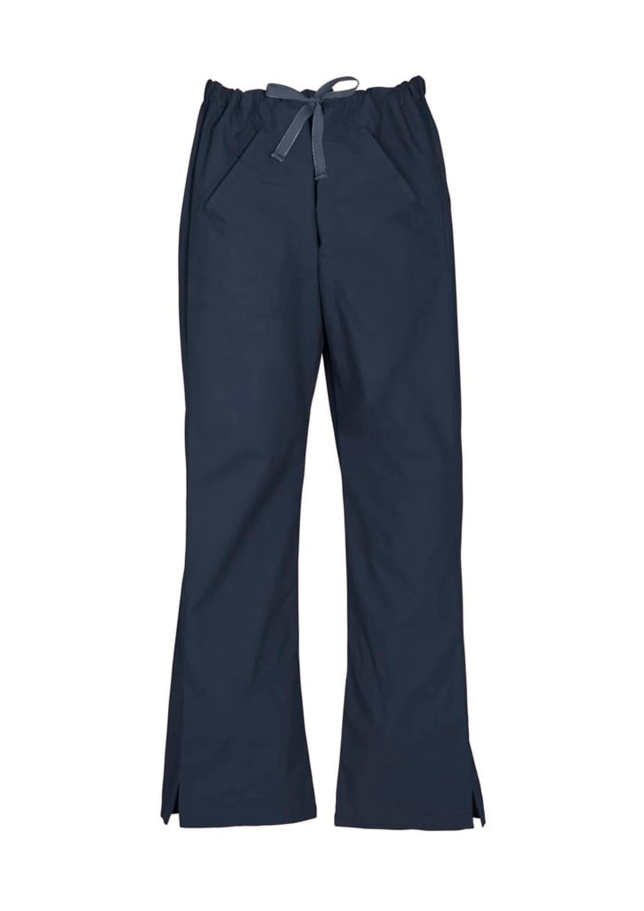 Classic women's bootleg scrub pants in navy blue with a drawstring waist and side slits. Features pockets and has branding.