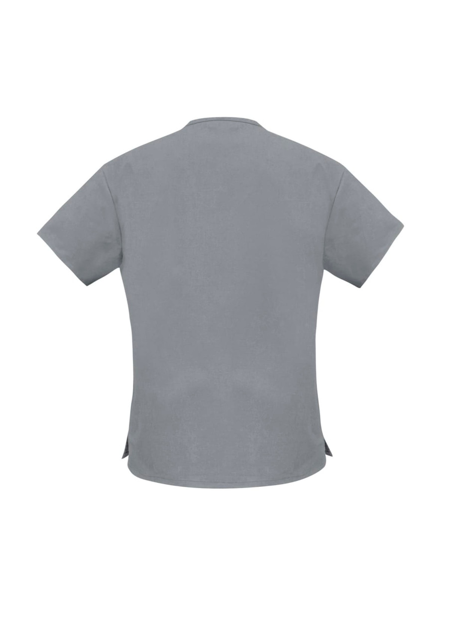 A grey women's scrub top with short sleeves and a curved hemline. It features a logo on the back.