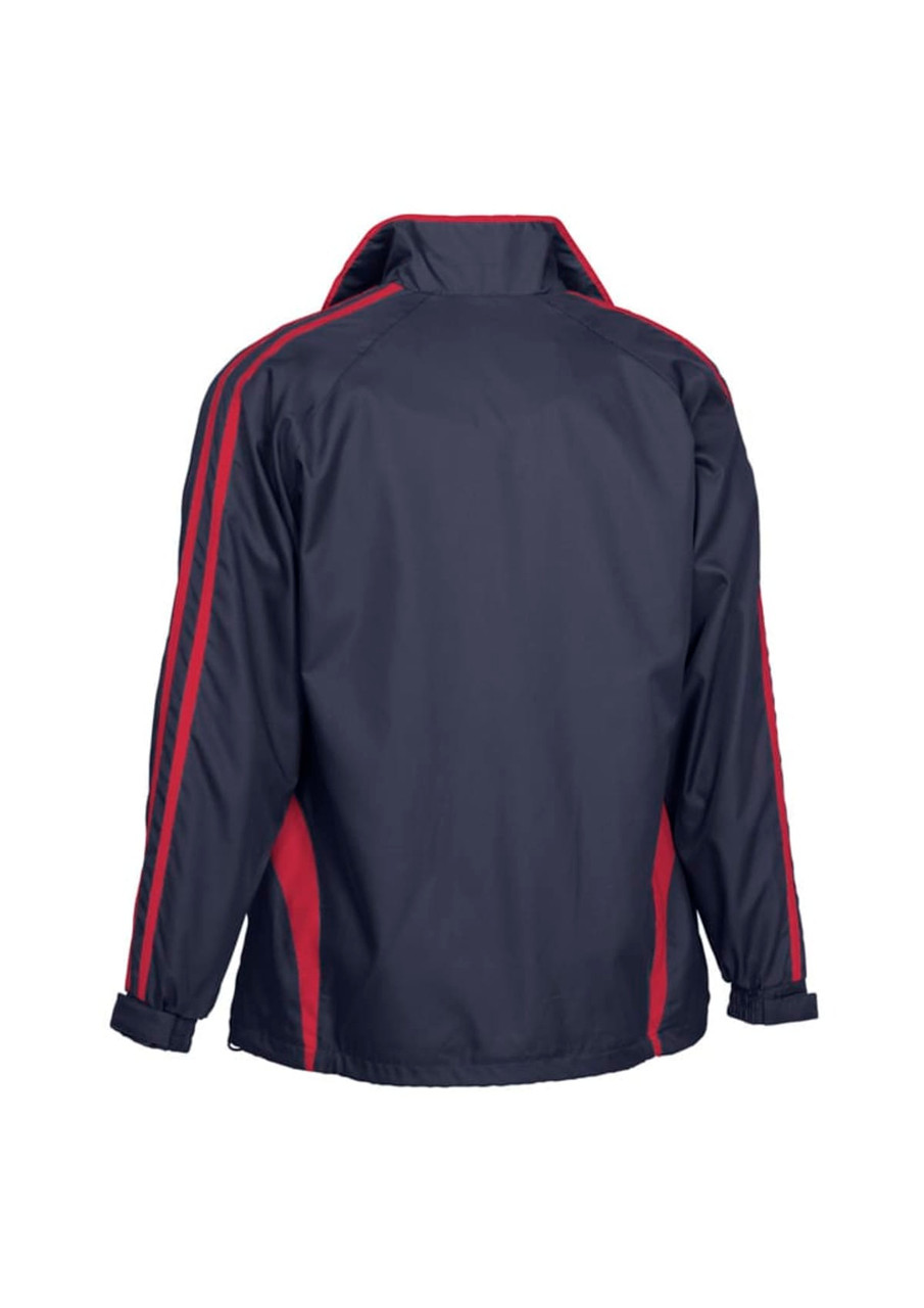 A unisex flash jacket in navy blue with red stripes, featuring a branded logo.
