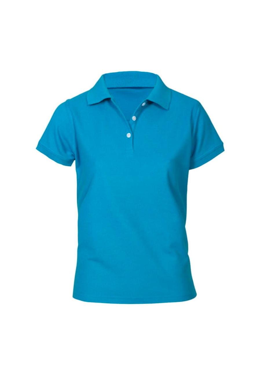 A women's short sleeve polo in bright turquoise, featuring a collar and button placket, with a logo on the chest.