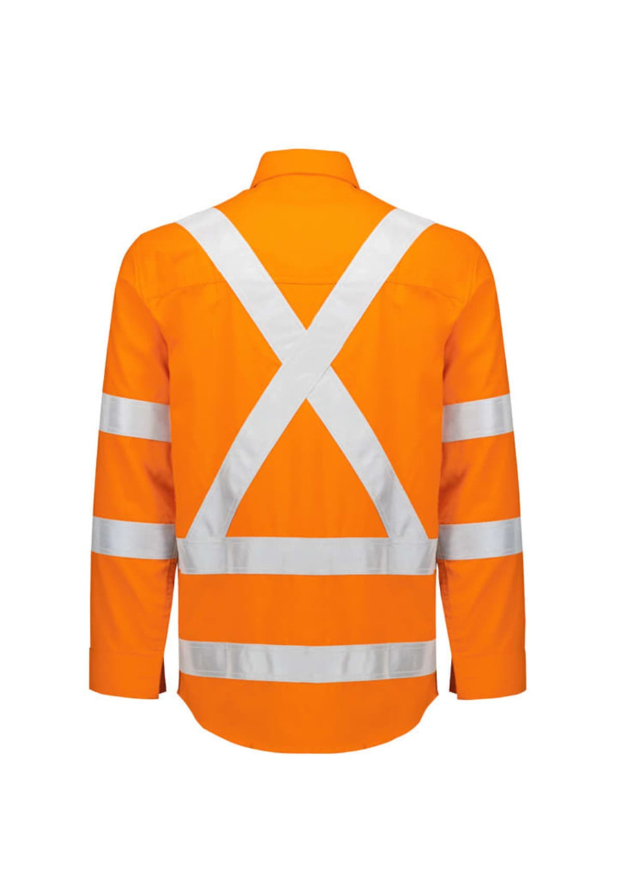 An orange lightweight ripstop shirt featuring white reflective tape in an X pattern on the back.