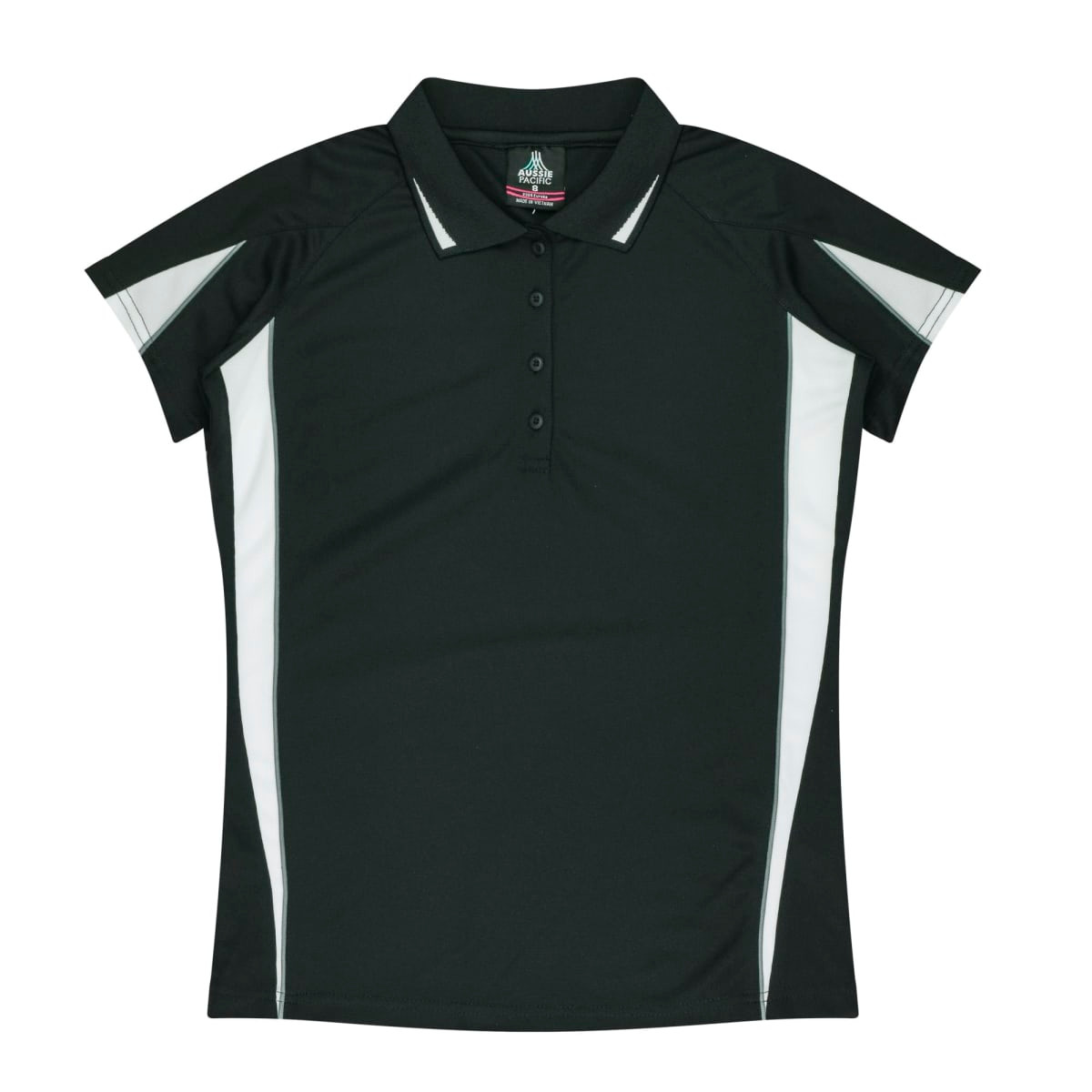 A black polo shirt with white stripes on the shoulders and sides, featuring a collar and buttons.