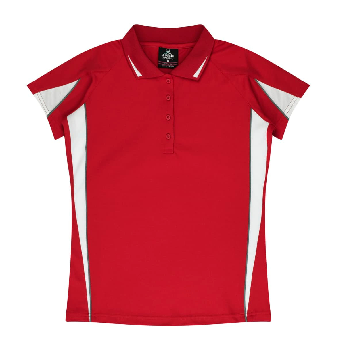 A red polo shirt with white side panels and a collar, featuring short sleeves and a logo.
