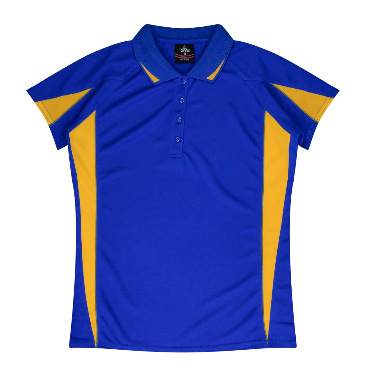 A royal blue polo shirt with yellow accents and a collar, featuring logo branding.