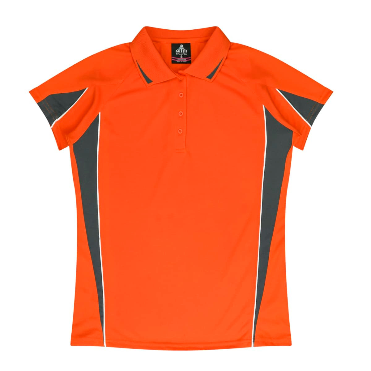 An orange polo shirt featuring grey accents and a logo on the collar.