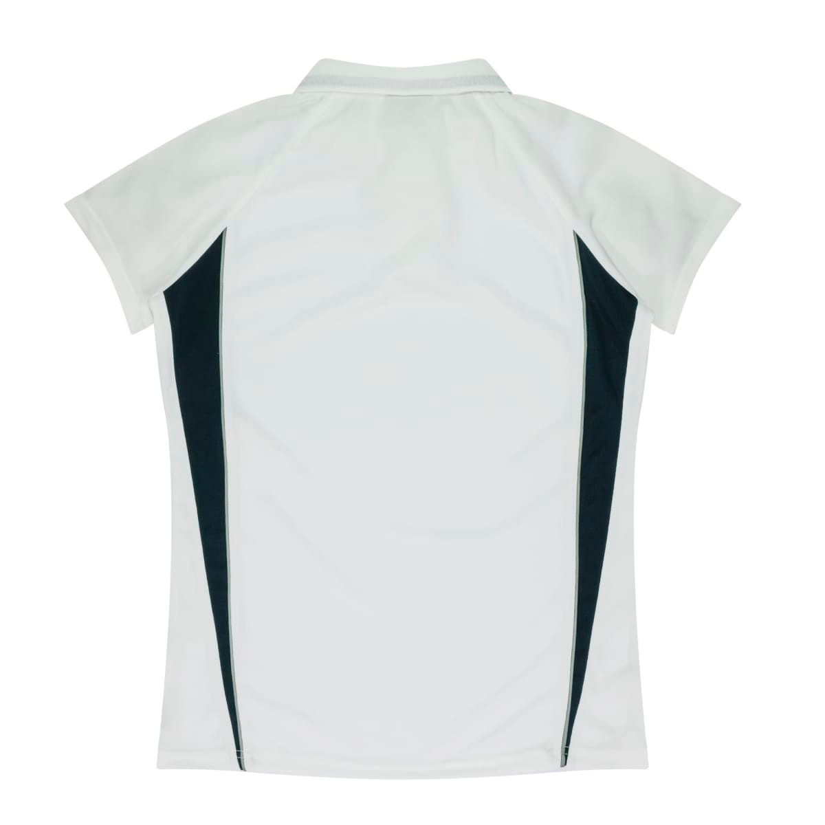 A white polo shirt featuring black side panels and a collar. The shirt has a logo.