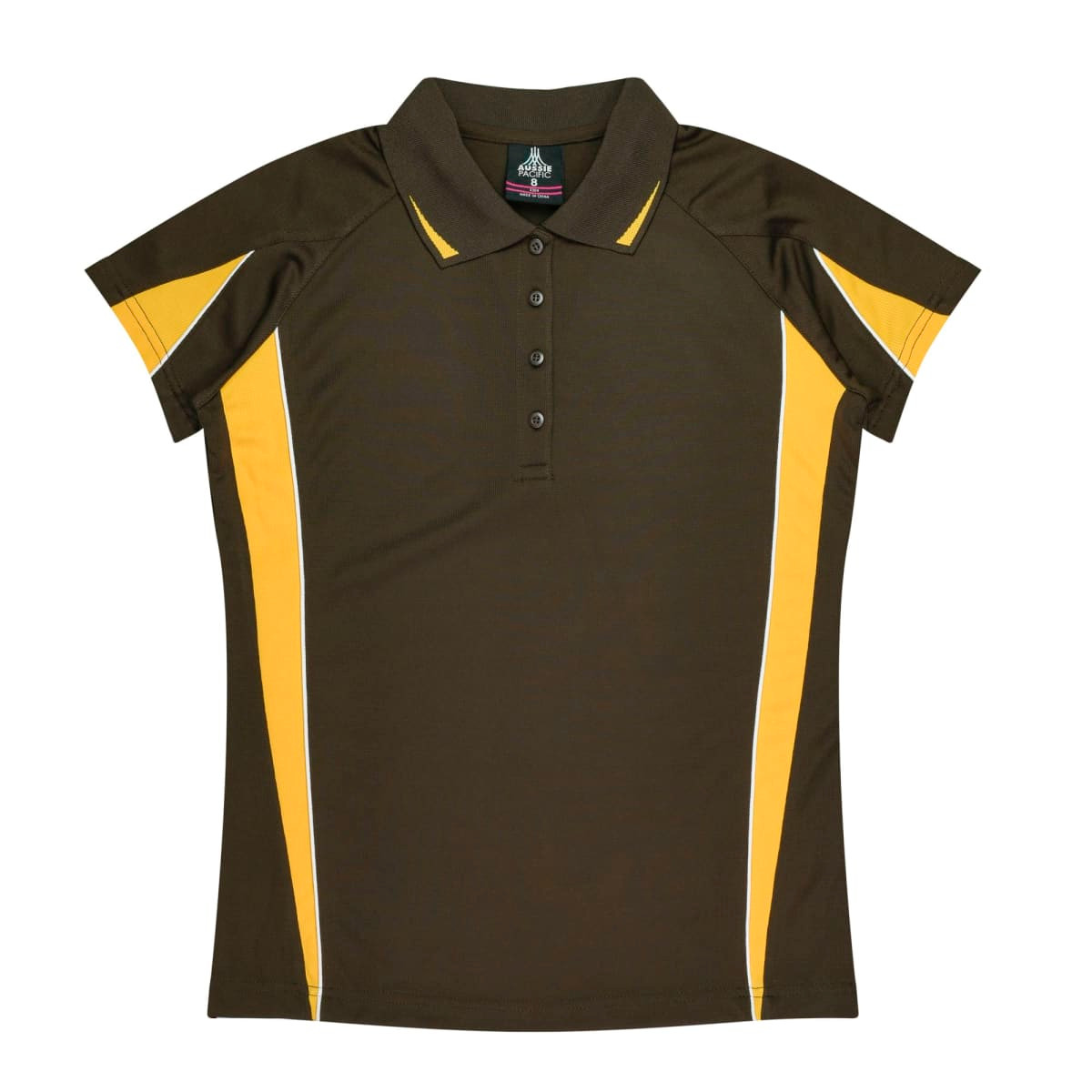 A dark green polo shirt featuring yellow and white stripes, with a classic collar and button placket.