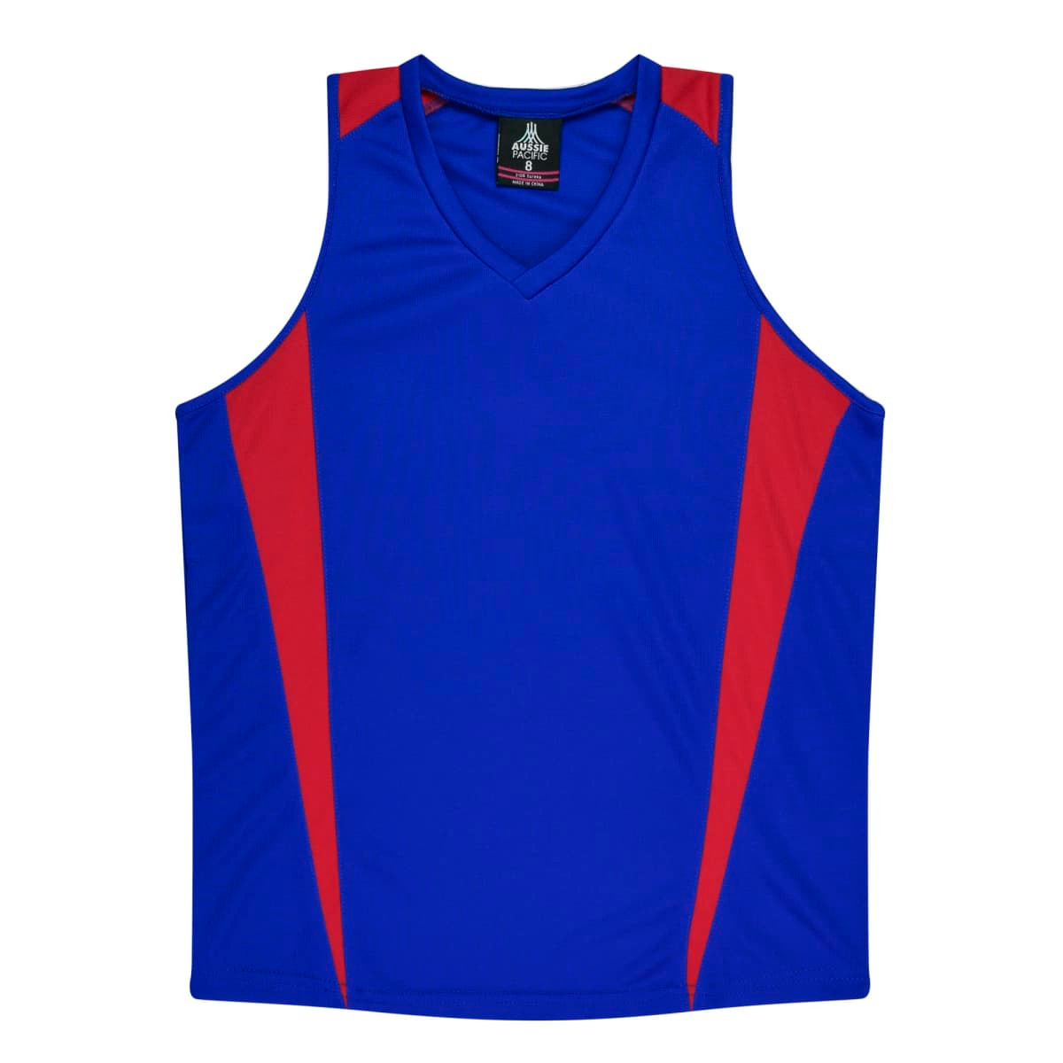 A blue singlet with red accents and a logo on the chest, featuring a v-neck design.