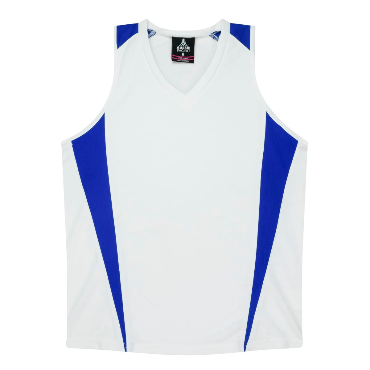 A white singlet with blue accents and a v-neck design, featuring a logo.