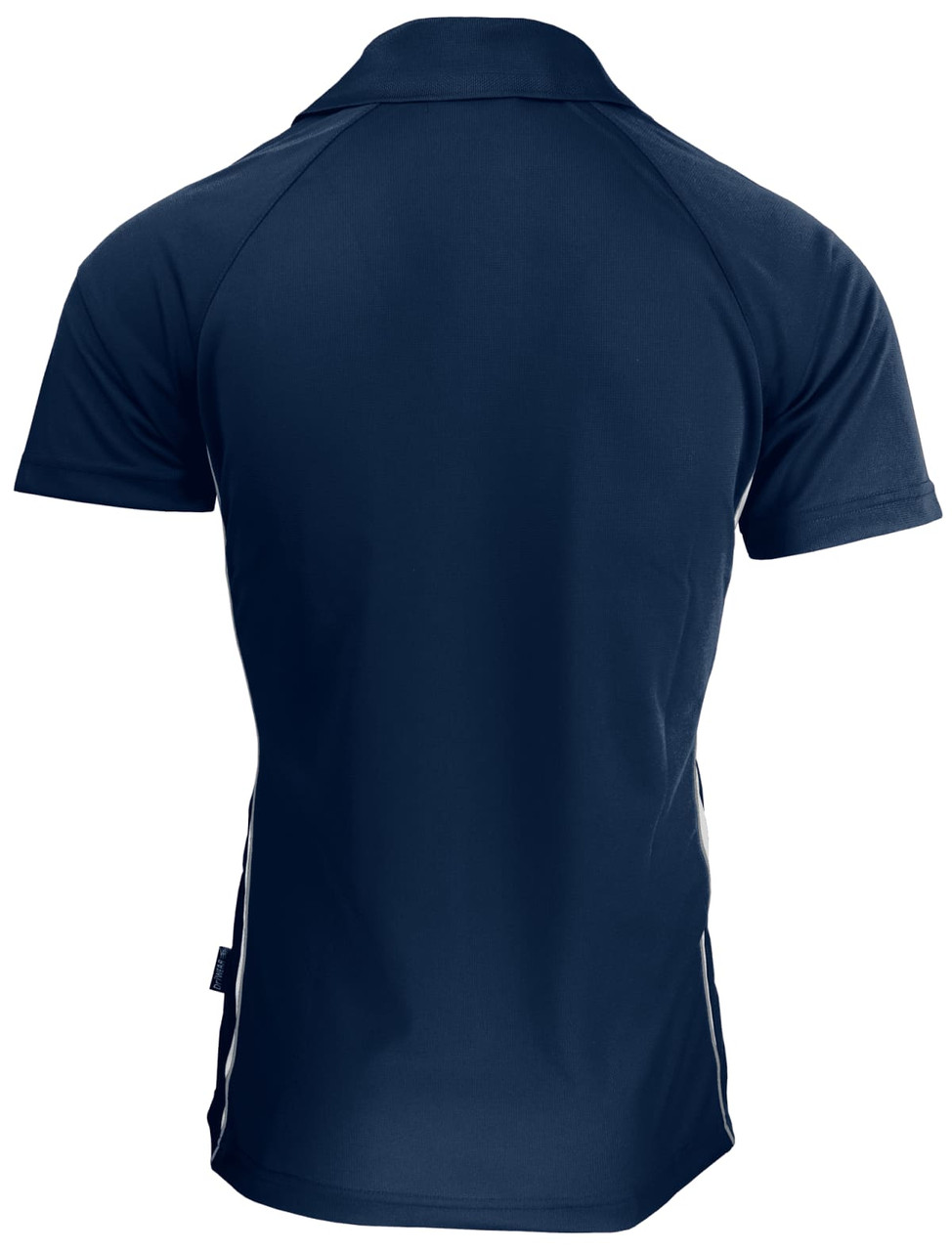 A navy polo shirt with a fitted design featuring side stripes and a logo on the back.