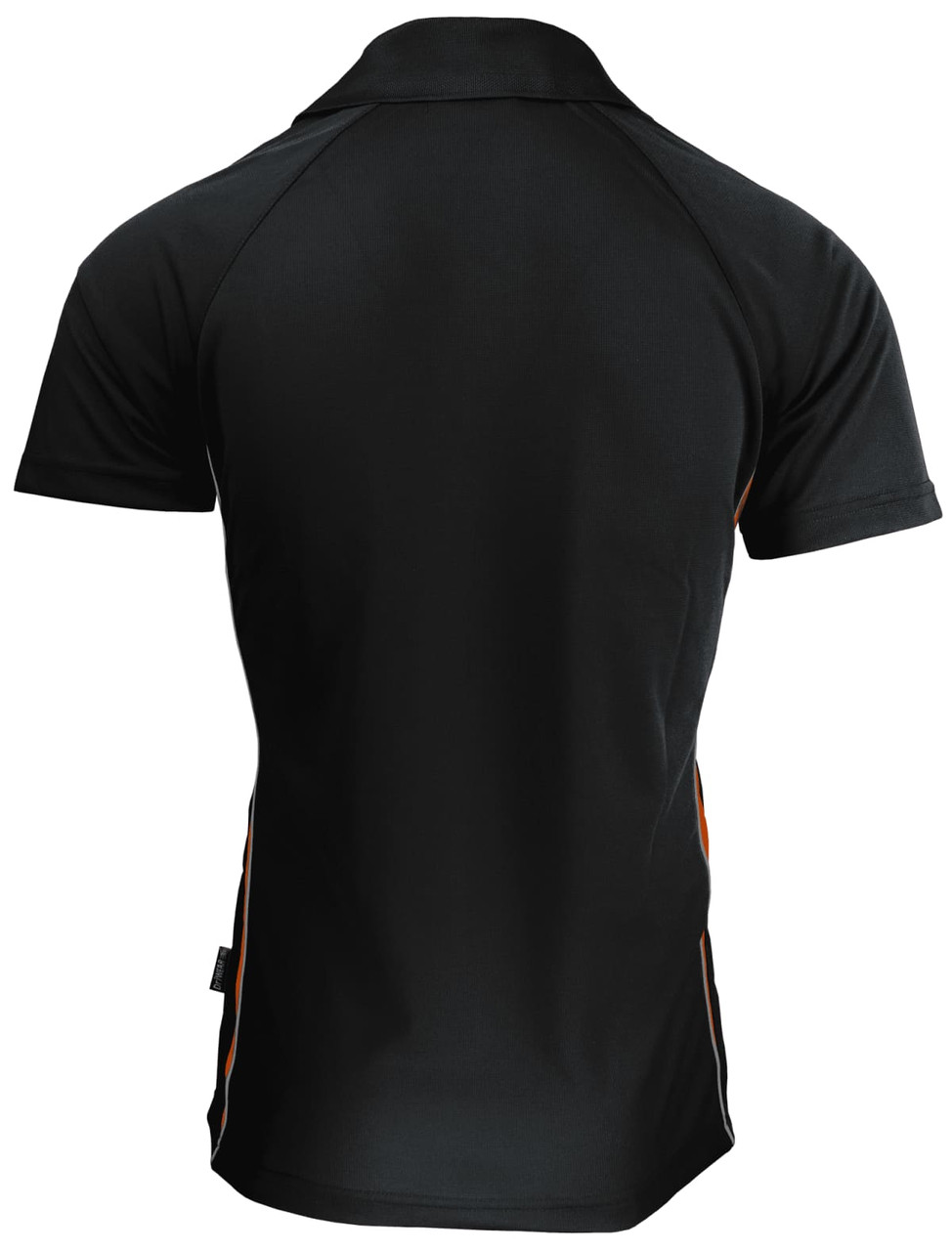 A black polo shirt with contrasting orange side panels and a logo, featuring a classic collar and short sleeves.