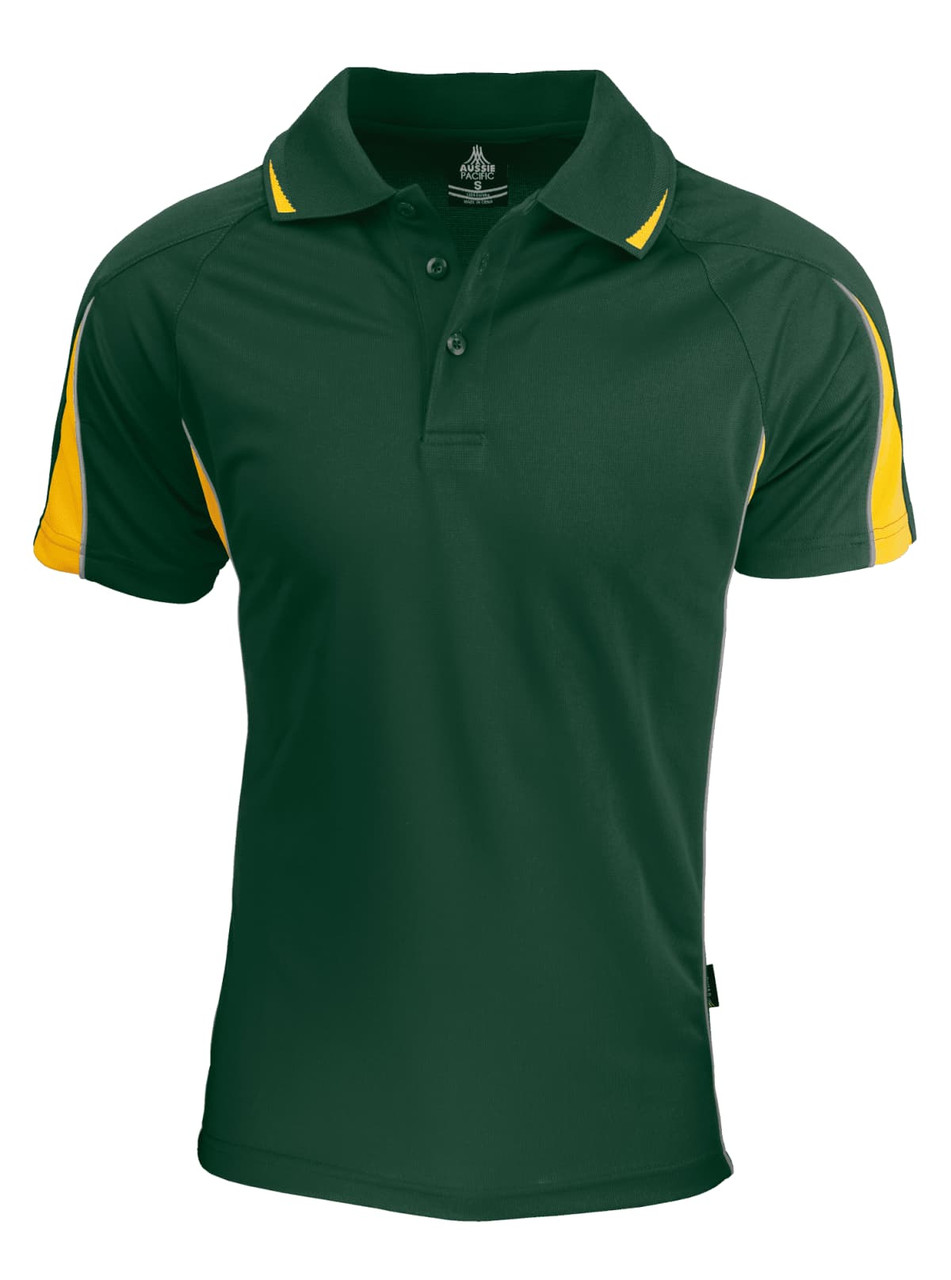 A green polo shirt with yellow accents and a logo, featuring a classic collar and button placket.