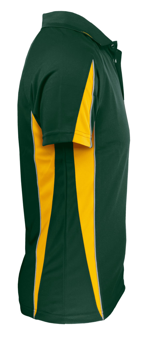 A polo shirt in green with yellow side stripes and a collar, featuring a logo on the chest.