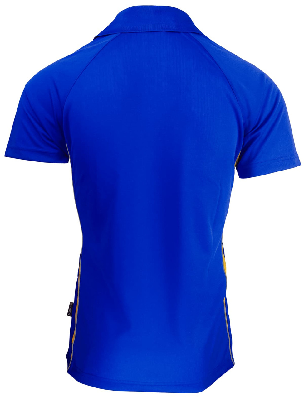 A blue men's polo shirt featuring yellow side accents and a collar. The back view highlights the shirt's design.