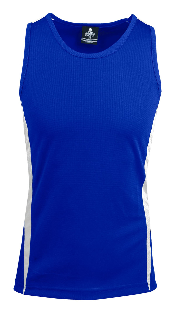 A men's singlet in bright blue with white side panels and a logo on the neckline.