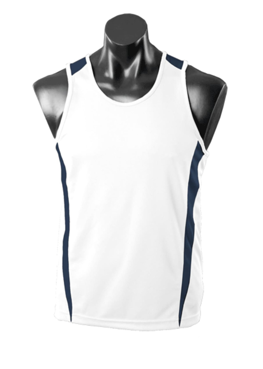 A white singlet featuring navy side panels, displayed on a black mannequin. It has a logo on the front.