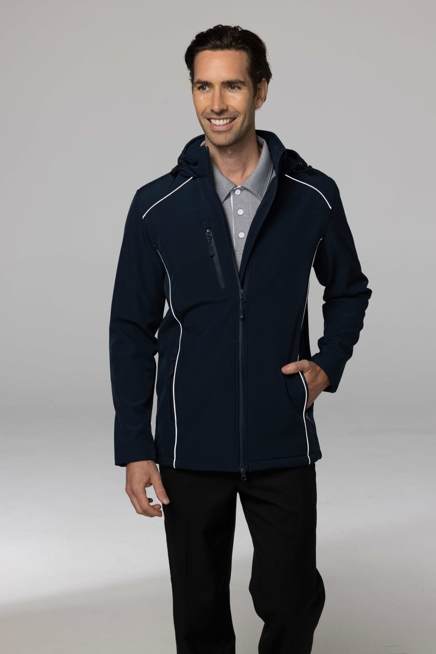 A navy men's jacket with a hood, featuring white trim and a zippered front, displayed on a male model.