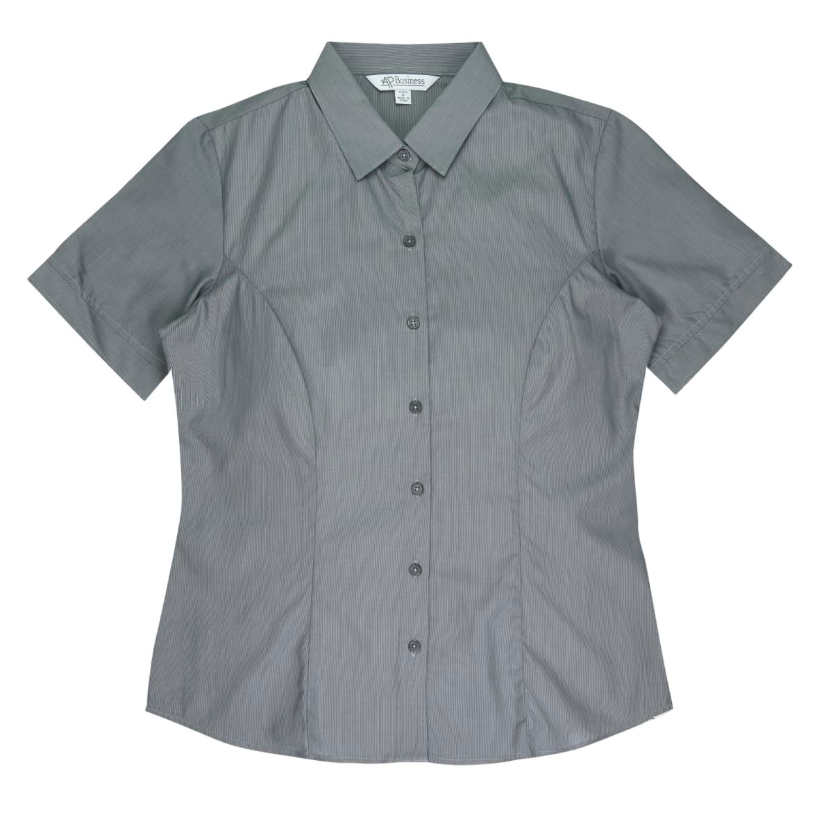 A short-sleeve button-up shirt in a grey shade, featuring a fitted design and a classic collar. It has a logo.