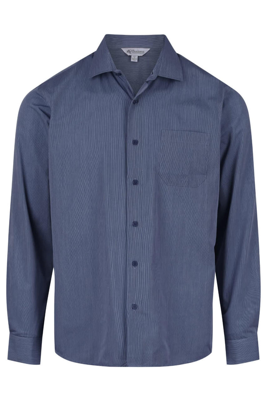 A long-sleeve, button-up men's shirt in navy blue with a subtle stripe pattern and a pocket on the chest.