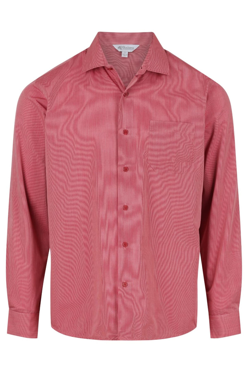 A long sleeve button-up shirt in a vibrant red colour with a subtle pattern and a single chest pocket.