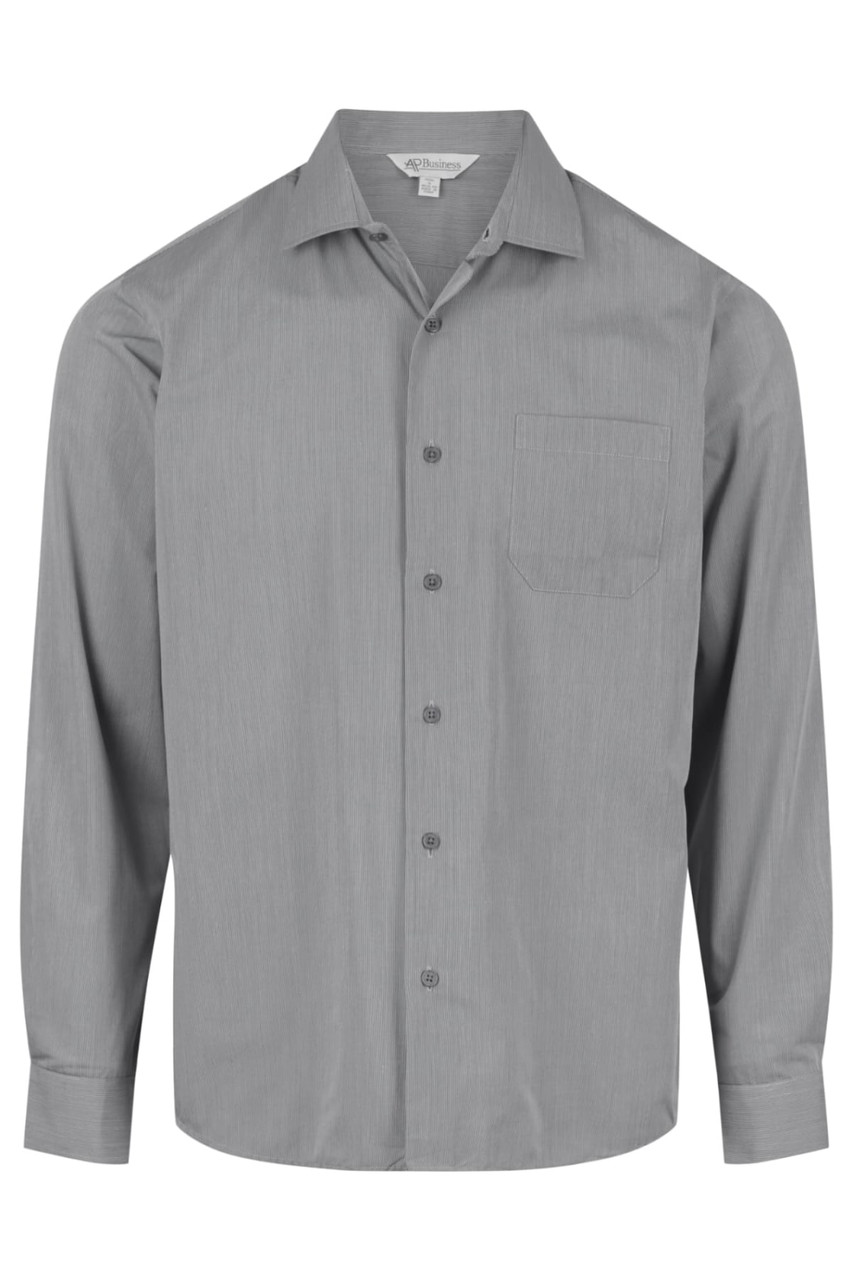 A long sleeve, button-up shirt in a light grey colour with a chest pocket. Features branding.