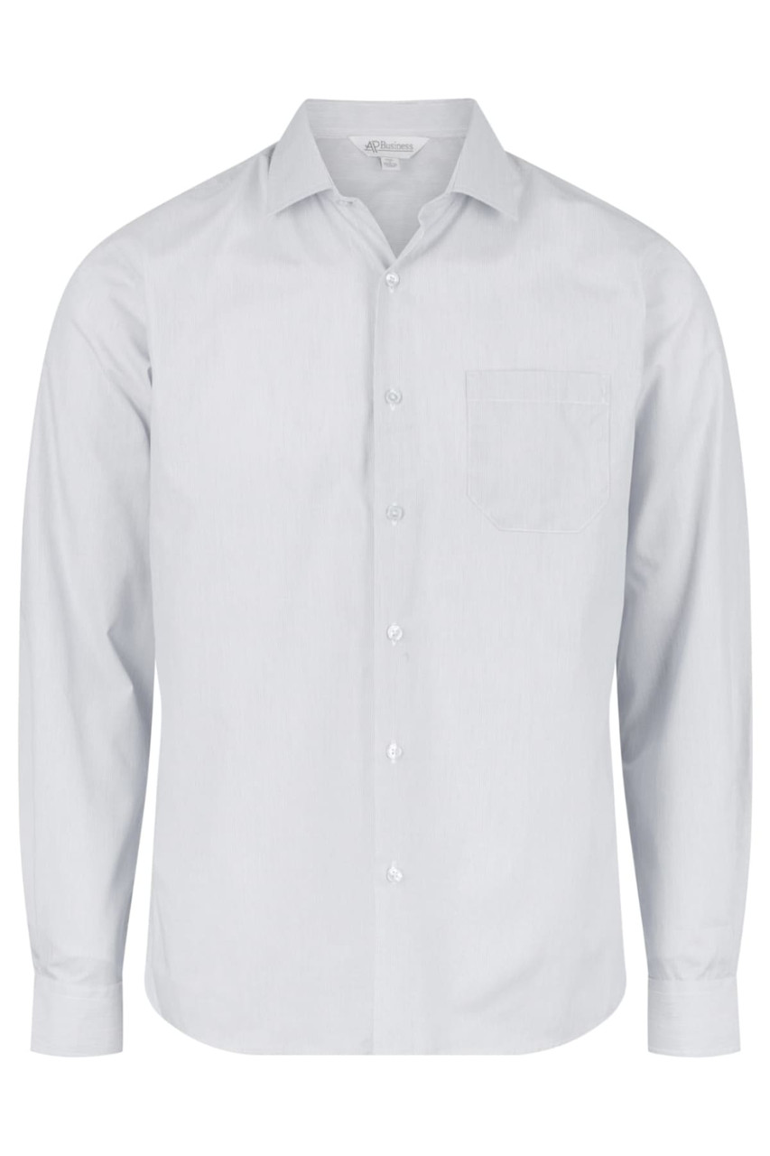 A light grey long-sleeve button-up shirt featuring a pocket on the chest and a logo on the collar.