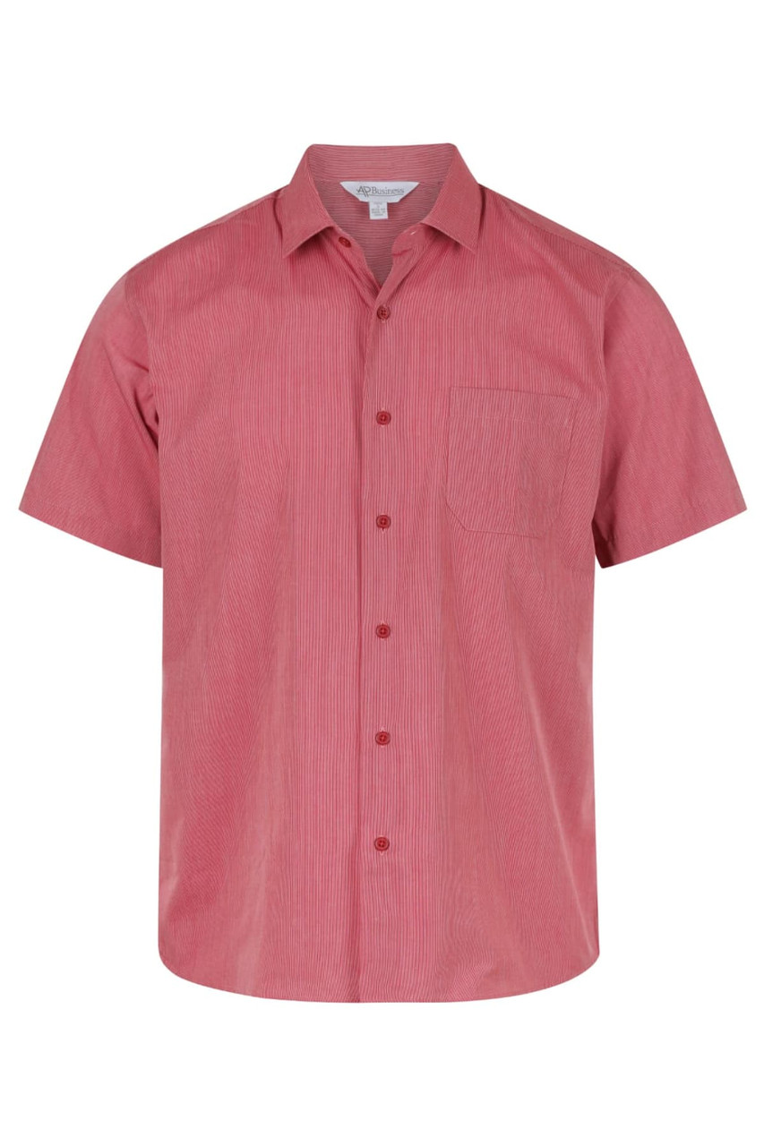 A short sleeve button-up shirt in a red and white striped pattern, featuring a single chest pocket and a logo.