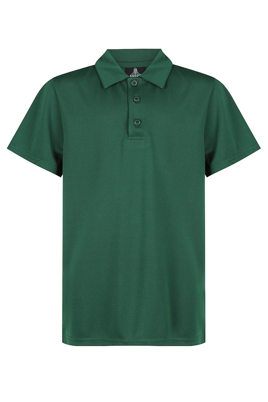 A green polo shirt with a collar and three buttons, featuring a logo on the chest. Ideal for sports uniforms.