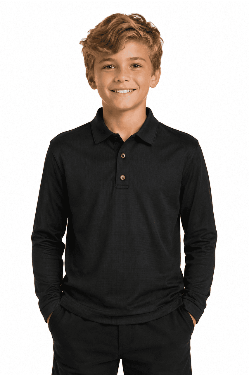A black long-sleeve polo shirt for kids, featuring a collar and buttons, with a model smiling.