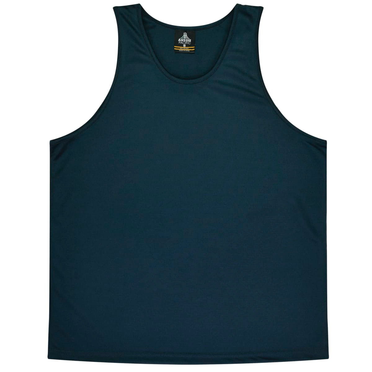 A dark green singlet top featuring a logo, suitable for kids.