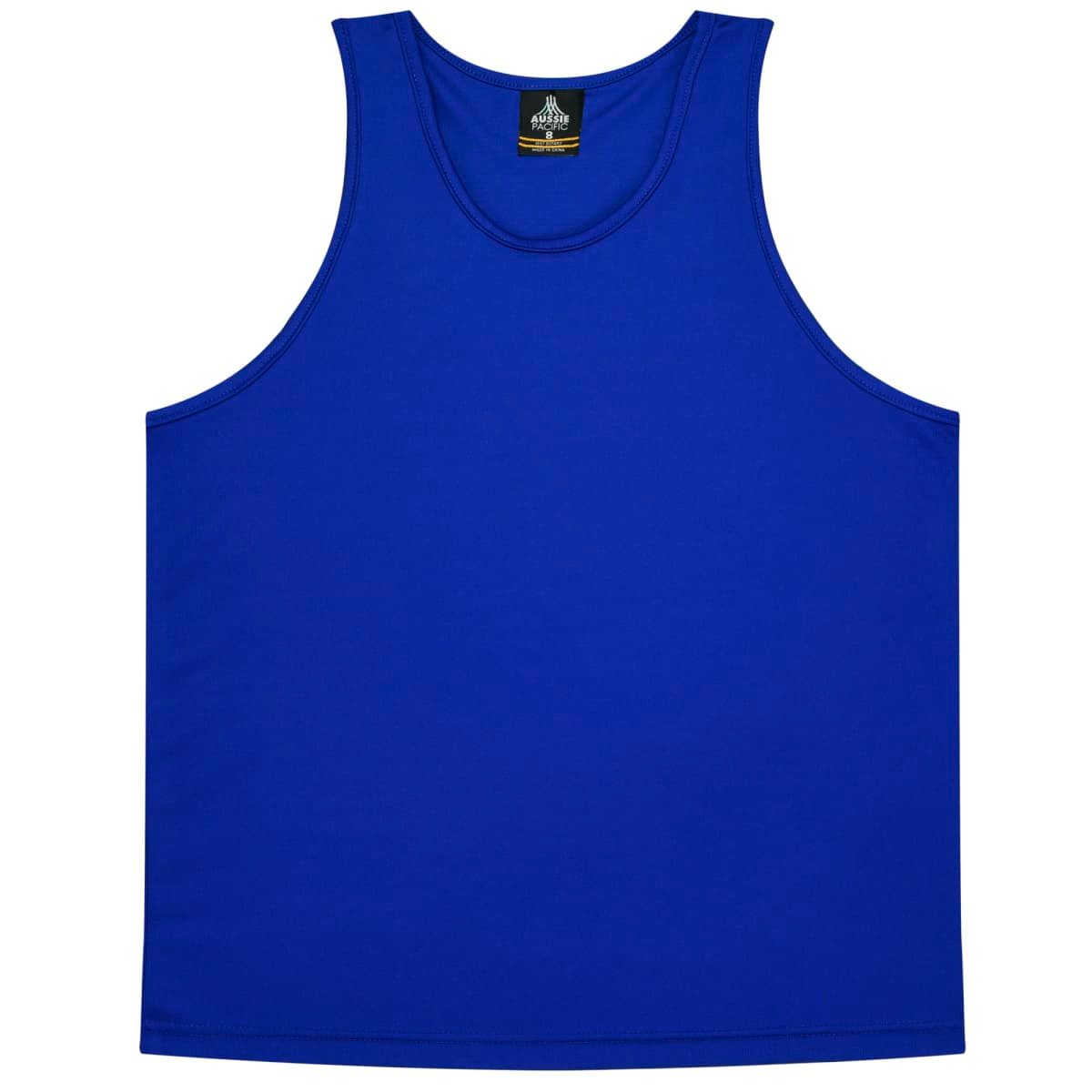 A blue singlet featuring a round neck and sleeveless design, with a branding label inside.