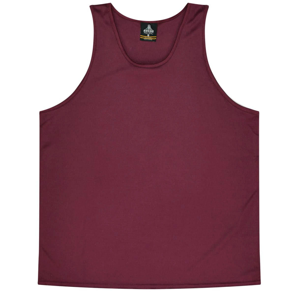 A maroon singlet featuring a simple design and a logo at the neckline.