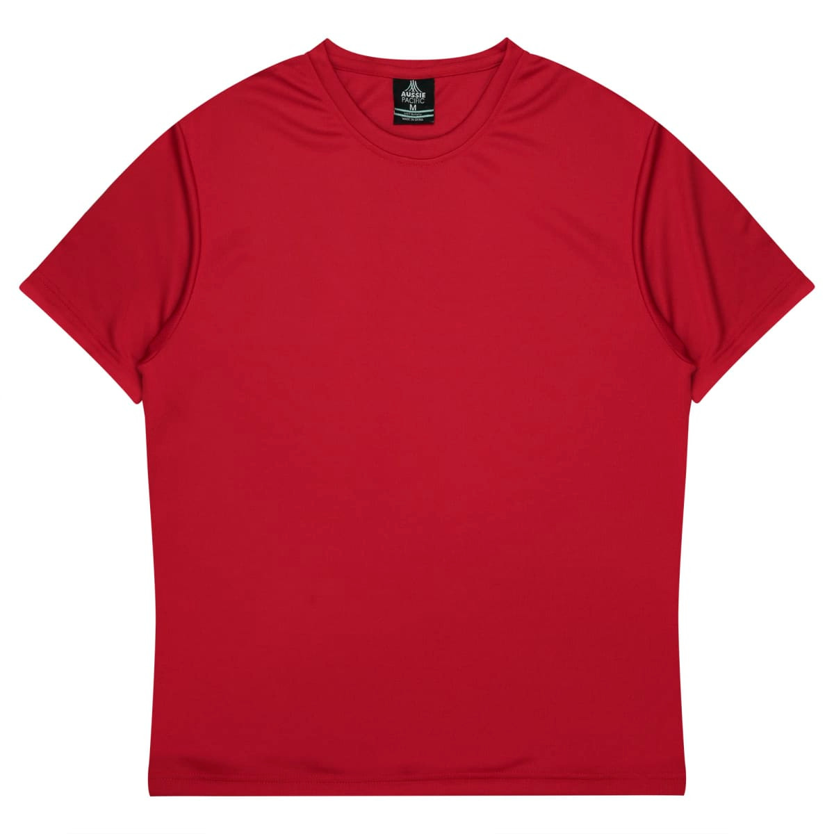A red t-shirt with a round neckline and short sleeves. The shirt features a logo on the label.