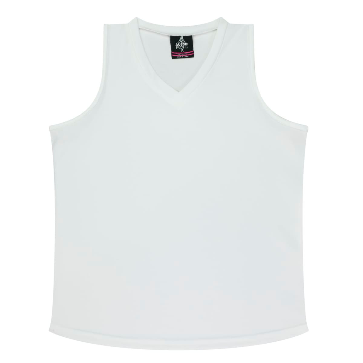 A white singlet featuring a V-neck design and a logo at the neckline.