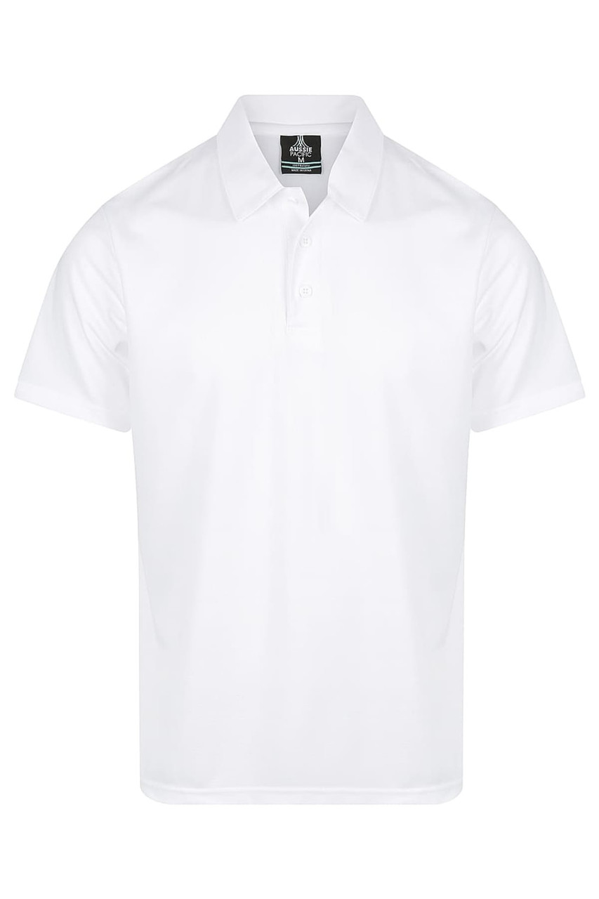 A white men's polo shirt featuring a collar and a logo. Suitable for casual or athletic wear.