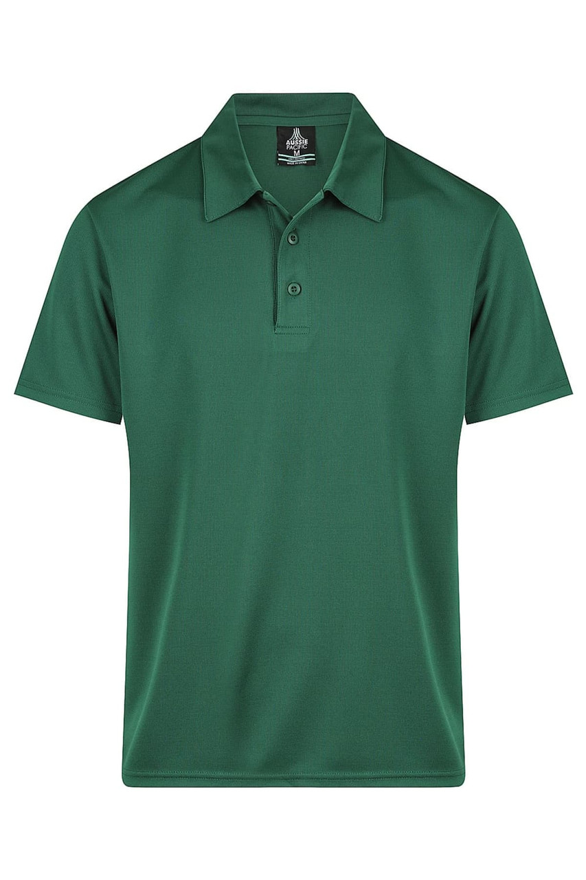 A green men's polo shirt with a collar, featuring buttons and a branding logo. Suitable for casual wear.