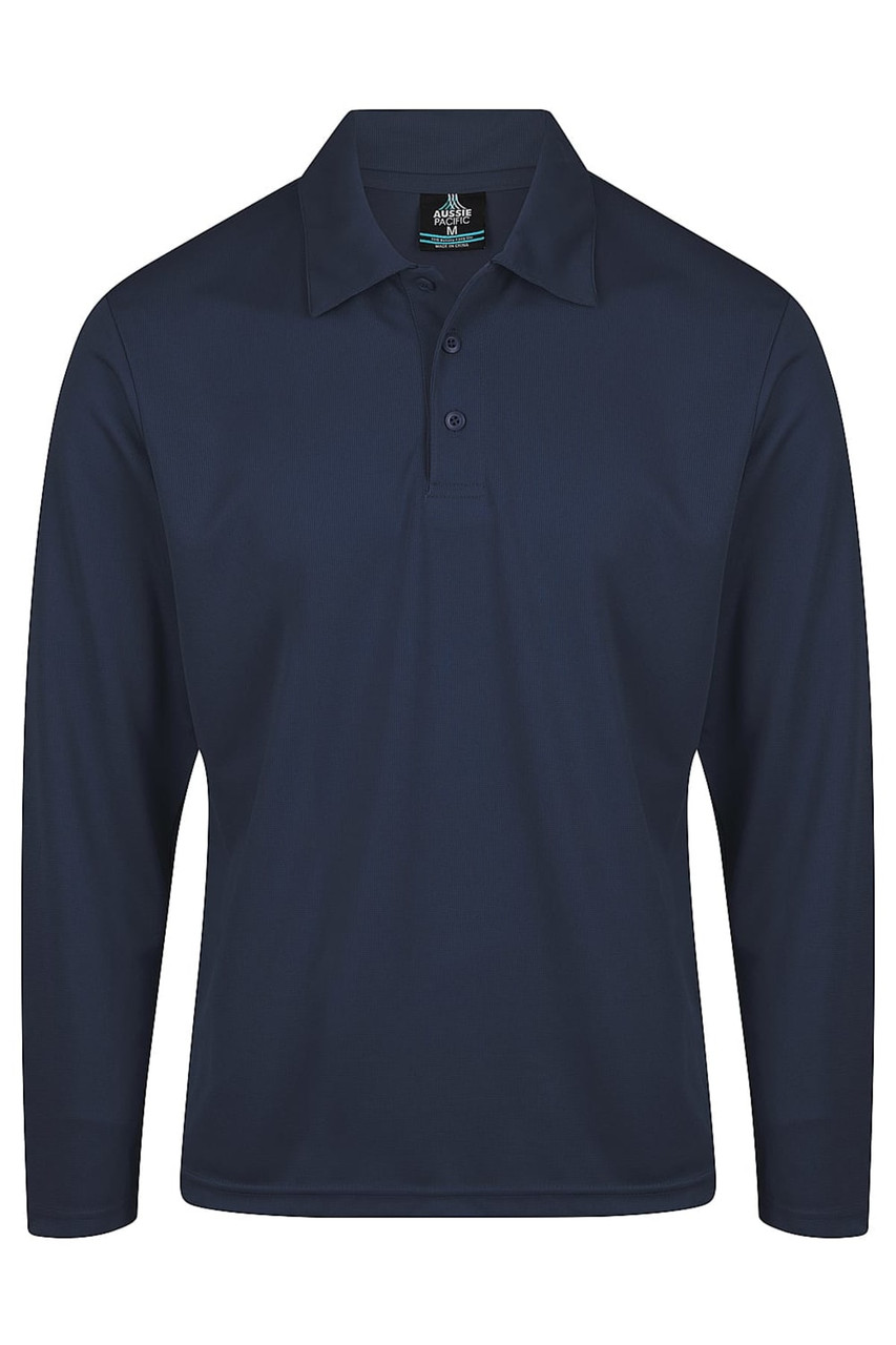 A men's long-sleeve polo shirt in navy blue with a collar and three buttons, featuring a logo.