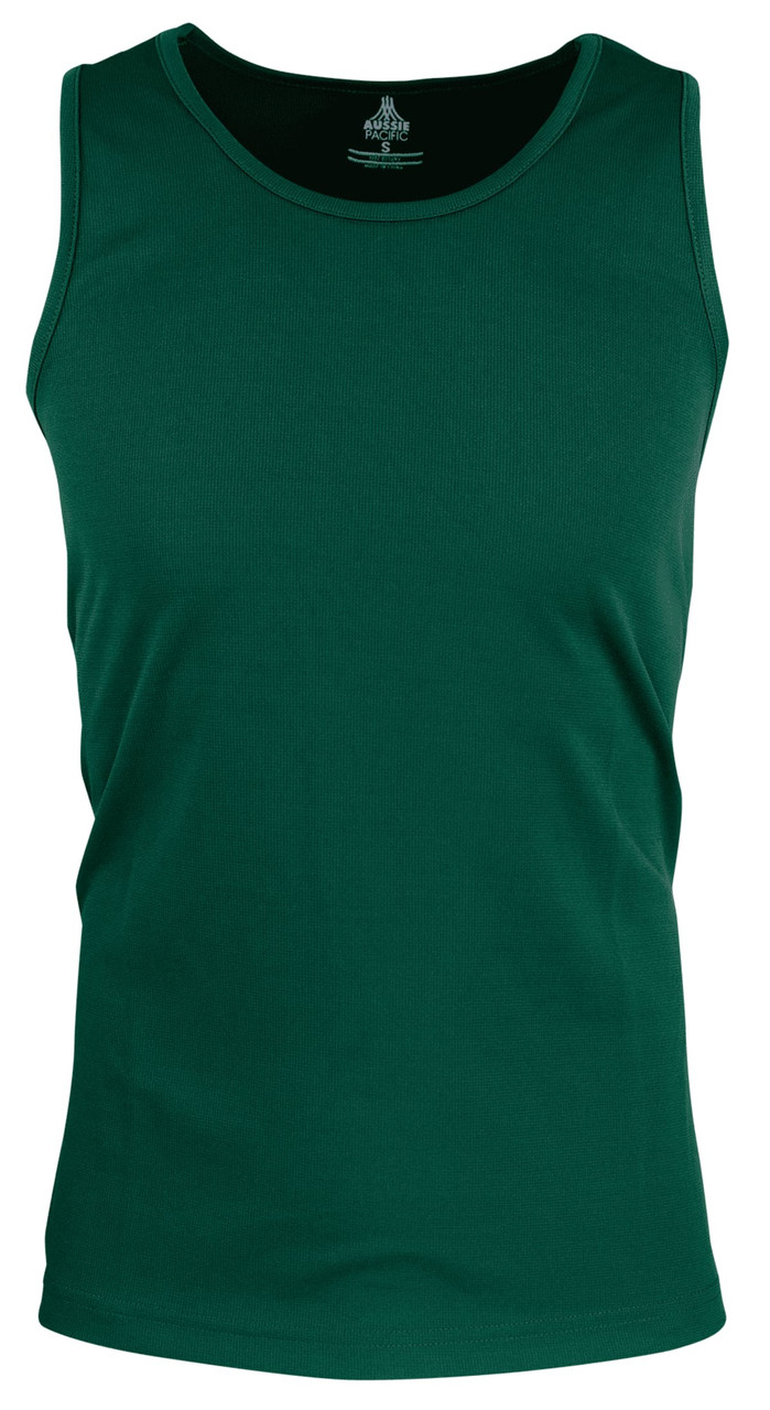 A green men's singlet with a classic fit, made from a soft, ribbed material. It features a logo on the inside label.