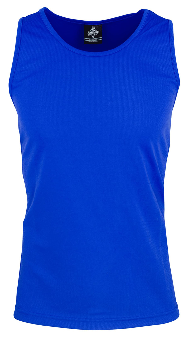 A blue men's singlet with a round neckline and a branded label. The fabric appears smooth and lightweight.