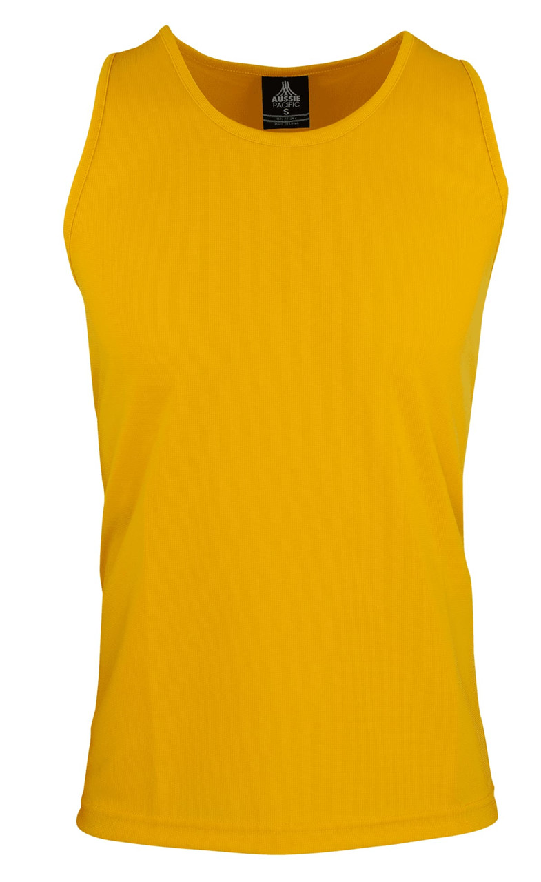 A plain yellow men's singlet featuring a round neckline and a label inside. There is a logo on the label.