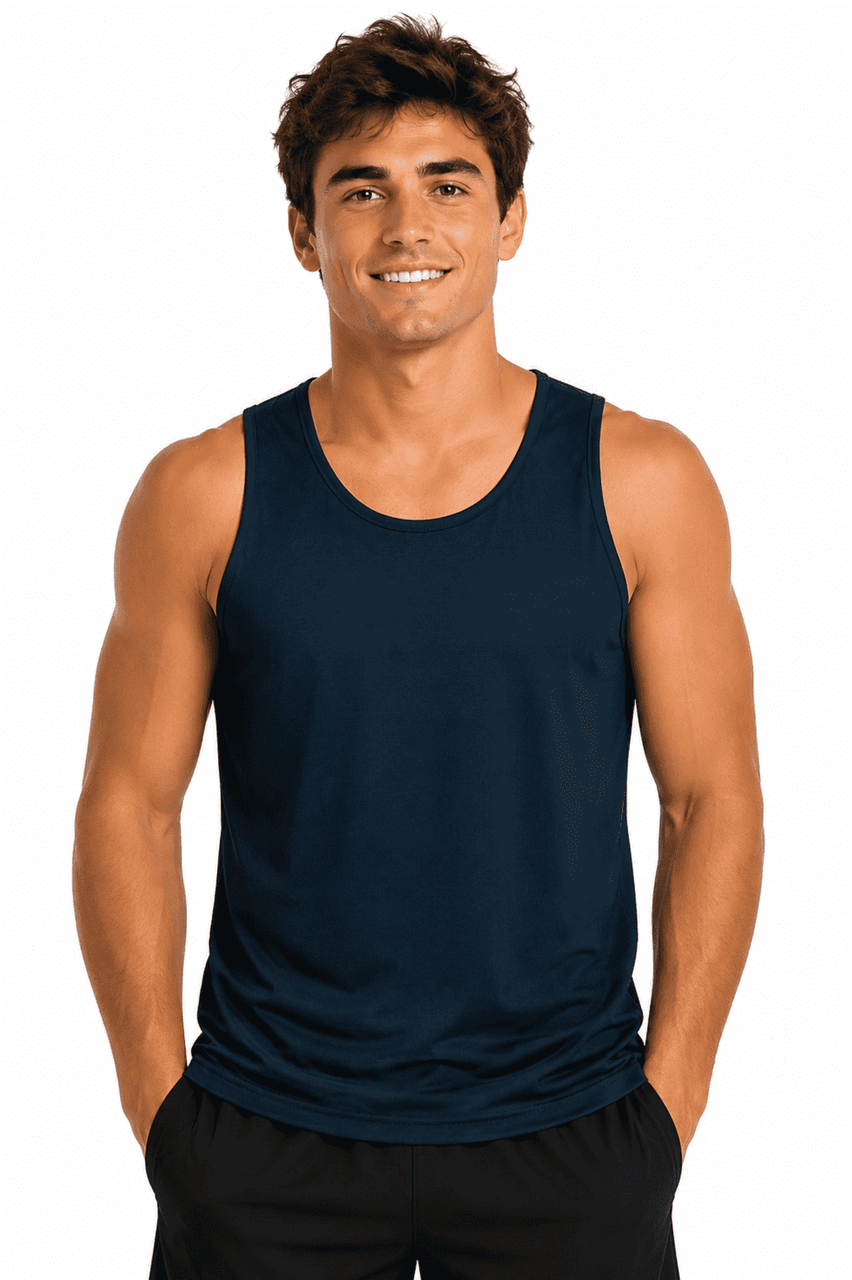 A male model wearing a navy blue singlet, showcasing a casual and comfortable design. The product features a logo.