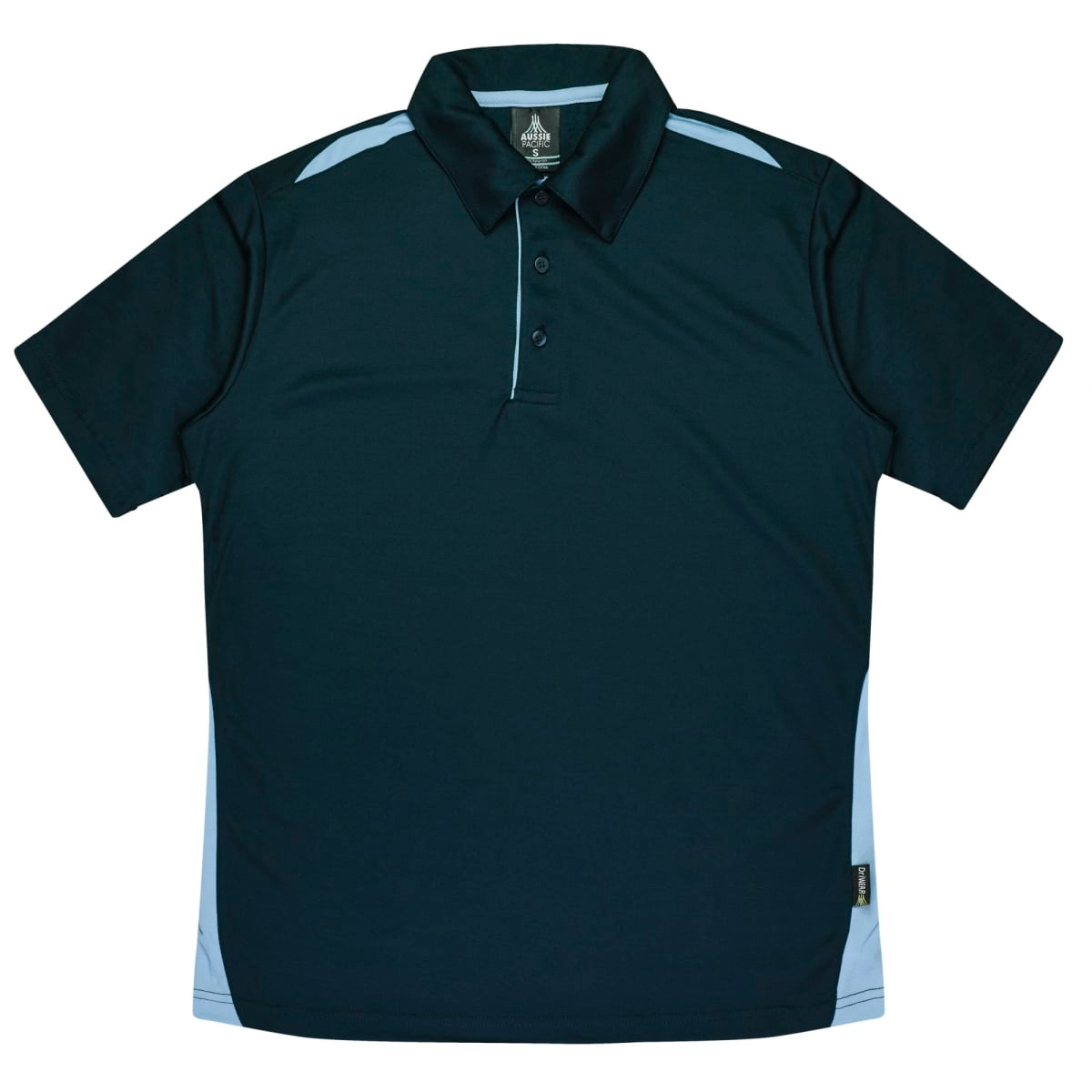 A dark navy polo shirt with light blue accents and a collar, featuring a logo on the neckline.