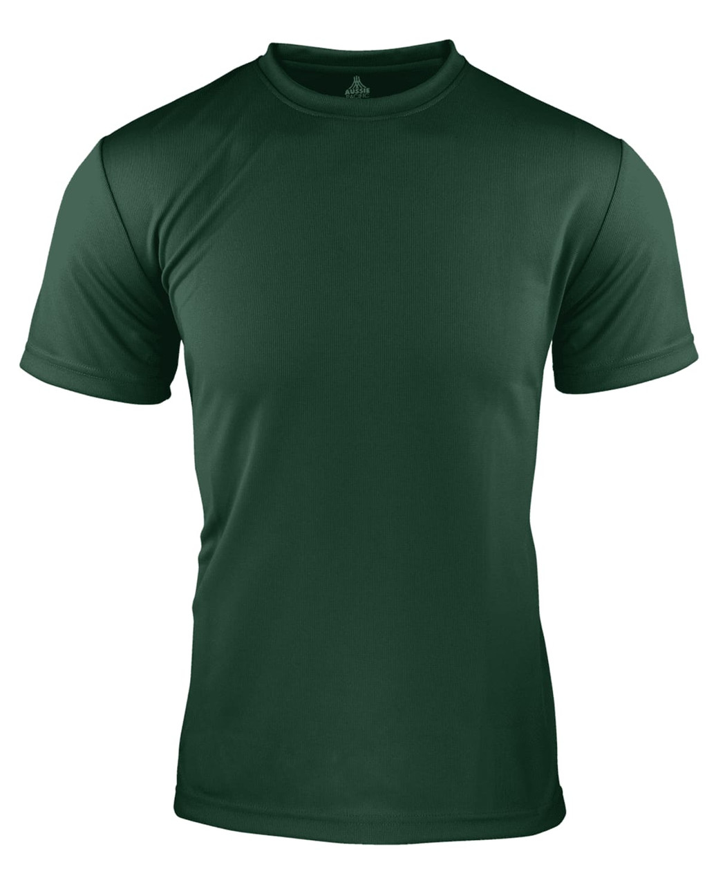 A dark green men's t-shirt made from a lightweight, breathable fabric, featuring a branded logo.