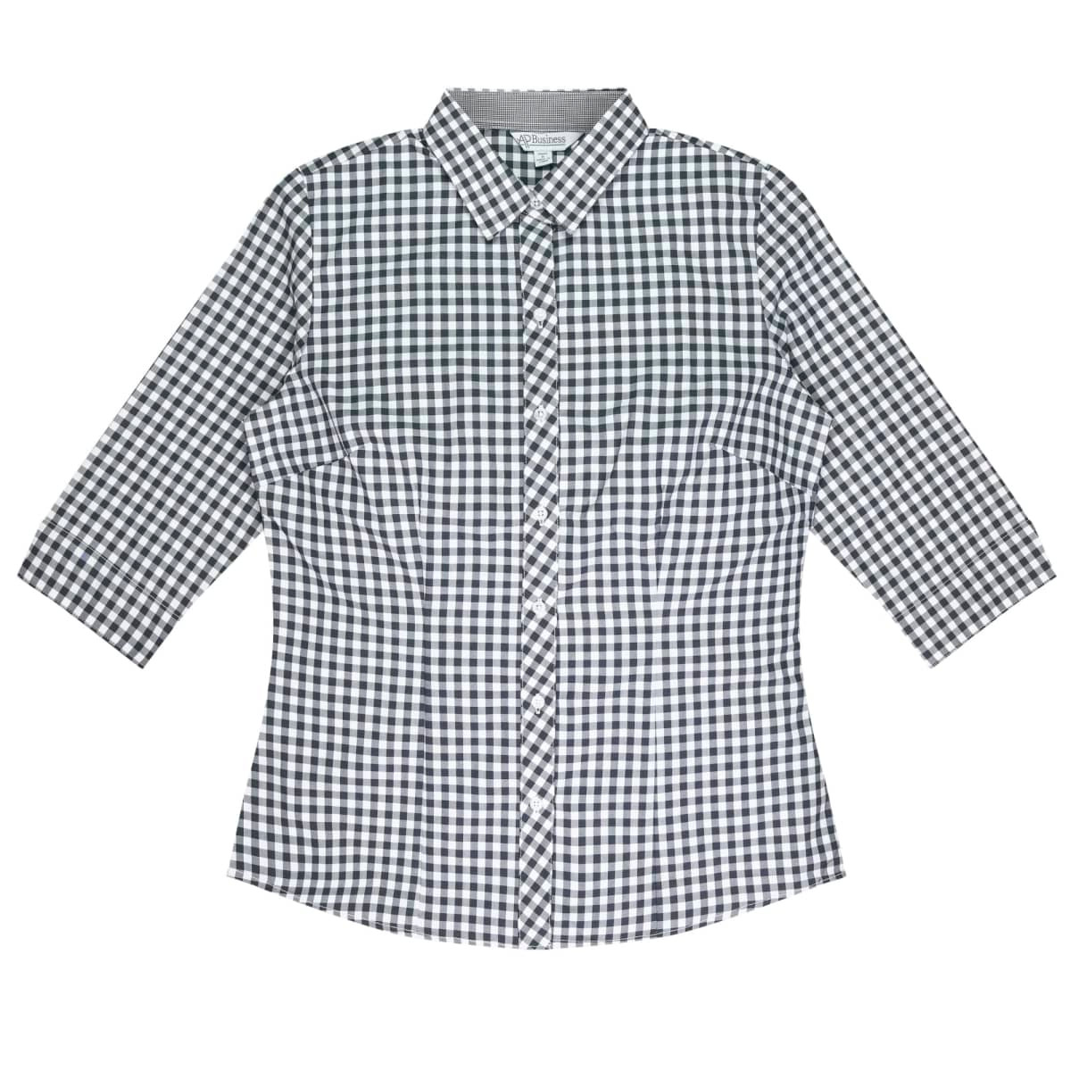 A black and white checked button-up shirt with 3/4 sleeves and a collar, featuring a subtle logo.
